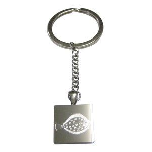 Silver Toned Square Etched Flounder Halibut Flatfish Pendant Keychain